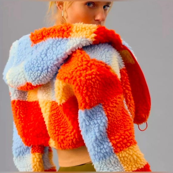 Anthropologie Daily Practice Faux Shearling Crop Hoodie Fleece Zip Up Jacket SM - Picture 3 of 11